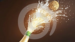 Champagne cork explodes with golden spray against dark background, capturing the essence of celebration and festive photo