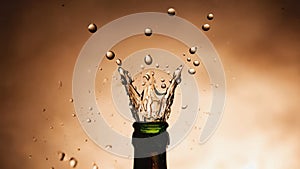 Champagne cork explodes with golden spray against dark background, capturing the essence of celebration and festive photo