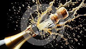 Champagne cork flying from bottle with splash,droplet and sparkle against a black background. Festive concept