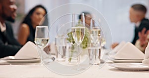 Champagne, dinner and people with party glass at special event, friends reunion or fine dining restaurant. Conversation