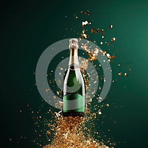 Champagne explosion on dark green background.