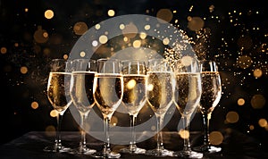 Champagne for festive cheers with gold sparkling bokeh background. Glasses of sparkling wine in front of tender bright