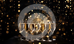 Champagne for festive cheers with gold sparkling bokeh background. Glasses of sparkling wine in front of tender bright