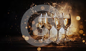 Champagne for festive cheers with gold sparkling bokeh background. Glasses of sparkling wine in front of tender bright