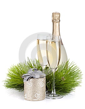 Champagne, fir tree and christmas decor