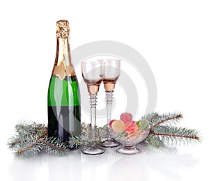 Champagne, fir tree and Christmas decor