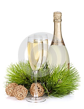 Champagne, fir tree and christmas decor