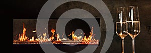 Champagne by the fireplace fire