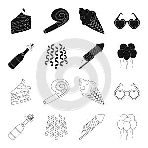 Champagne, fireworks and other accessories at the party.Party and partits set collection icons in black,outline style photo