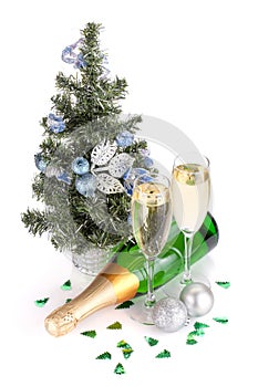 Champagne, firtree and christmas decor