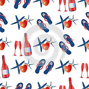 Champagne,flip flop shoes seamless vector pattern background. Red, blue white backdrop of bottles, glasses, hearts