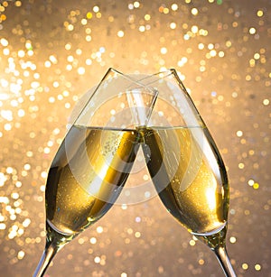 Champagne flutes with golden bubbles on light bokeh background