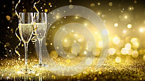 Champagne Flutes In Golden Sparkle Background