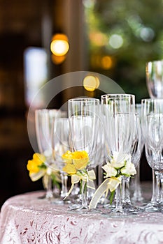 Champagne Flutes On Serving Table At Reception