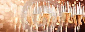 Champagne flutes with sparkling wine on golden bokeh lights backdrop. Peach fuzz Color of Year 2024