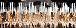 Champagne flutes with sparkling wine on golden bokeh lights background. Peach fuzz Color of Year 2024