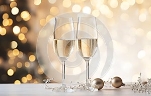 champagne flutes on white holiday table decor with bokeh background soft light for new year and christmas holiday celebration card