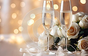champagne flutes and white roses on white holiday table decor with bokeh background soft light for wedding and marriage holiday