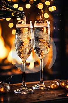 Champagne in front of a fireplace on a holiday eve celebration, Merry Christmas, Happy New Year and Happy Holidays wishes,