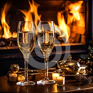 Champagne in front of a fireplace on a holiday eve celebration, Merry Christmas, Happy New Year and Happy Holidays wishes,