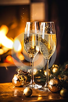 Champagne in front of a fireplace on a holiday eve celebration, Merry Christmas, Happy New Year and Happy Holidays wishes,