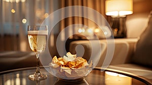 Champagne glass and chips in a lavish setting.
