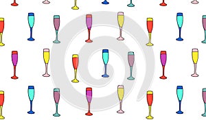 Champagne Glass Flute. Background. Memphis. Hand Drawing Vector Illustration. Alcoholic Drink. Pop Art Style