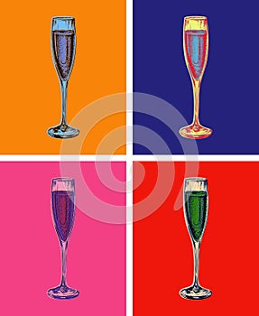 Champagne Glass Hand Drawing Vector Illustration Bubbles. Alcoholic Drink