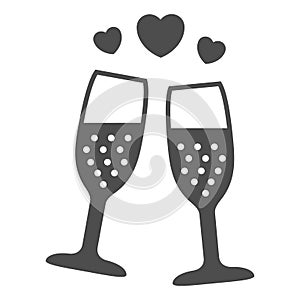 Champagne in glass with hearts solid icon, Valentines Day concept, Two glasses of sparkling champagne sign on white
