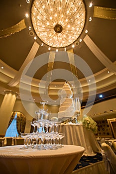 Champagne glass pyramid.pyramid of glasses of wine, champagne,