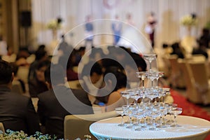 Champagne glass pyramid.pyramid of glasses of wine, champagne,