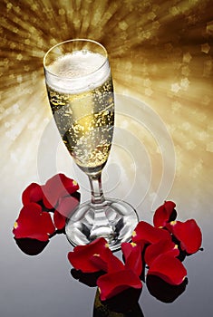 Champagne Glass and Rose Petals photo
