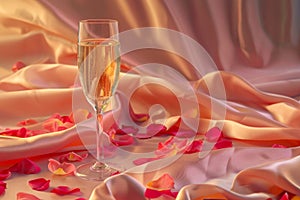 Champagne glass on silk background with flower petals.