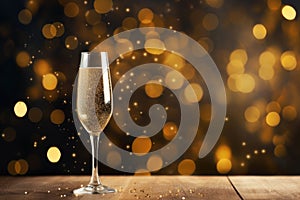 Champagne glass template mockup, alcoholic beverage on the wood table on a holiday background.