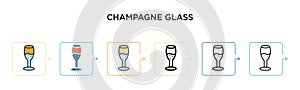 Champagne glass vector icon in 6 different modern styles. Black, two colored champagne glass icons designed in filled, outline,