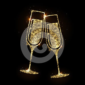 Champagne glass vector icon. Golden sparkle champagne glasses