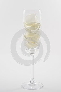 Champagne glass with white rose petals