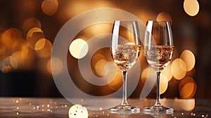 Champagne glasses on blurred festive bokeh background with space for text and celebrations