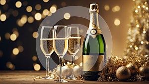 Champagne glasses with bottle New Year celebration