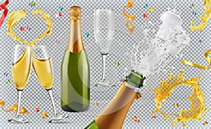 Champagne. Glasses, bottle, splash. 3d icon set