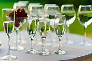 Champagne glasses on the buffet table. Table setting for a buffet at a party.
