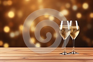 Champagne Glasses Celebrating on Rustic Wooden Table. Copy space