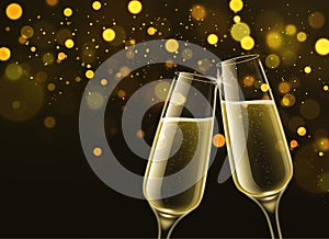 Champagne glasses. Celebratory sparkling wine in realistic 3d clink wineglasses and gold bokeh effect, congratulatory