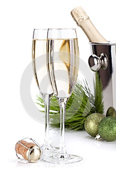 Champagne glasses and christmas decor