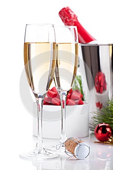 Champagne glasses and christmas decor