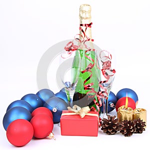 Champagne, glasses, christmas decoration