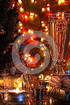 Champagne in glasses and christmas decoration