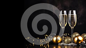 Champagne Glasses and Christmas Decorations on a Festive Dark Background