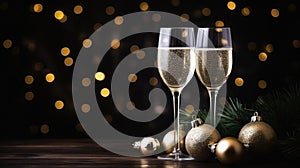 Champagne Glasses and Christmas Decorations on a Festive Dark Background