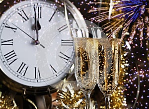 Champagne Glasses Clock Midnight Fireworks